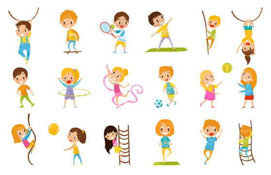 Little Kids Doing Sport Hanging Rope, Climbing Ladder, Playing Ball, Yoga And Gymnastics Vector Set