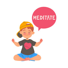 Little Boy Meditating in Yoga Pose with Crossed Legs Learning English Word Vector Illustration