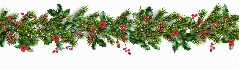 Fototapeta na wymiar Christmas tree branch, hollies and berries