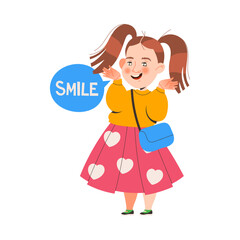 Little Girl with Ponytail Smiling Learning English Word Vector Illustration