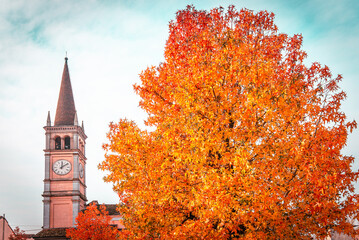 Fototapeta na wymiar fall season foliage and bell tower