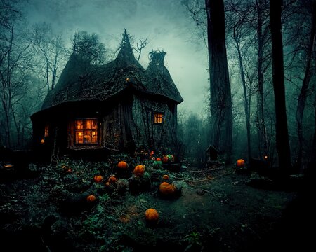 Halloween Scene With Mystical Atmosphere, Dark Scary Mood, With Pumpkins, Dark Clouds And Sky, Illustration For Use In Movies, Games And Books