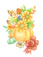 Hand painted watercolor autumn harvest illustration.Orange pumpkin,striped bow,autumn floral bouquet with sunflowers,marigolds,apple,acorn,reed,winter cherry,berries.For thanksgiving,invitation card.