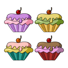 Set of colored icons, delicious cake, delicious cupcake with delicate chocolate and fruit cream , vector cartoon