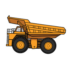 Obraz na płótnie Canvas Dumper truck Mining industry. Heavy machinery with cartoon style yellow mining truck on isolated white background. Quarry service. Vector Illustration, Icon, logo, template, element