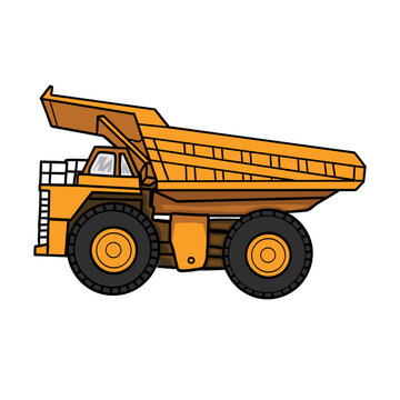 Dumper truck Mining industry. Heavy machinery with cartoon style yellow mining truck on isolated white background. Quarry service. Vector Illustration, Icon, logo, template, element