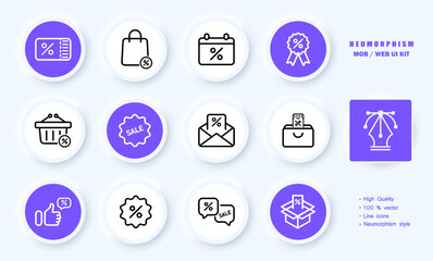Digital marketing line icon set. Online shopping or discount coupon, sale, order, store. Purchase concept. Neomorphism style. Vector line icon for Business and Advertising