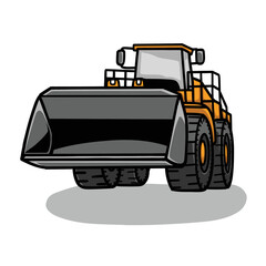 Vector illustration of end Loader Heavy vehicle. Yellow bulldozer, digger, quarry machine. Backhoe front loader truck, stone wheel. Work excavator, tractor. For Construction and mining Industry