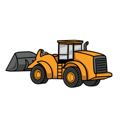 Vector illustration of end Loader Heavy vehicle. Yellow bulldozer, digger, quarry machine. Backhoe front loader truck. Work excavator, tractor. Icon Logo, element For Construction and mining Industry