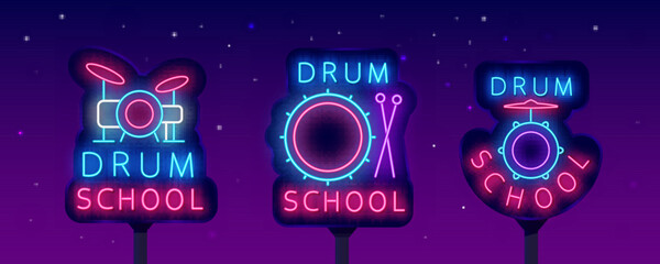 Drum school neon street billboards collection. Music education labels set. Luminous advertising. Vector illustration