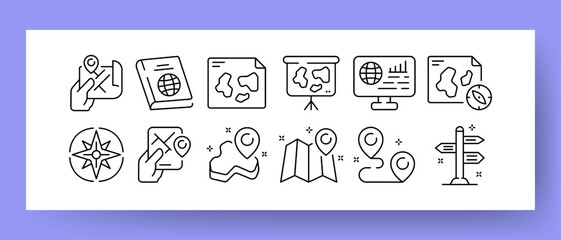 Navigation equipment set icon. GPS, navigator, planet, globe, map, atlas, road sign, pointer, compass, destination, location, topography, cryptography. Geography concept. Vector icon for Business.