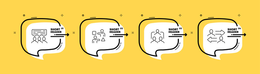 Work in a team set icon. Employee, subordinate, gear, task distribution, online conference, arrow. Business concept. Infographic timeline with icons and 4 steps. Vector line icon for Business