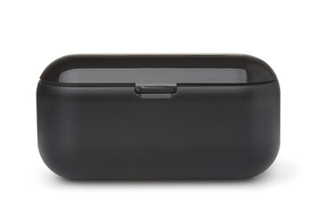Closed black earbuds charging case