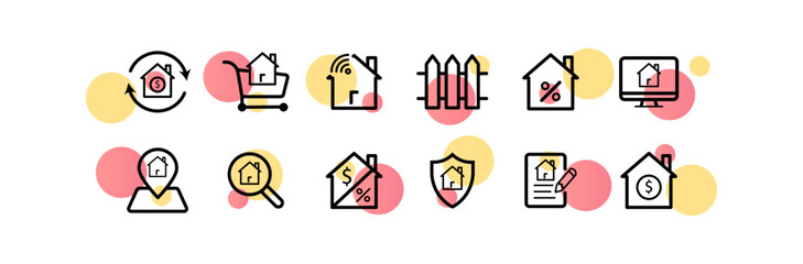 Rental of property set icon. Buying real estate, smart home, fence, pointer, registration, contract, interest, taxes, realtor. Rented housing concept. Vector line icon for Business and Advertising