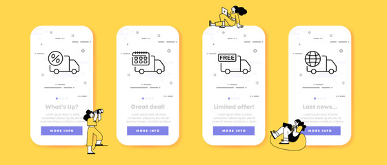 Delivery set icon. Free text, globe, speaker, fast, free, mail, gear, box, percent, calendar, order. Minivan that delivers the order. Shopping concept. UI phone app screen. Vector icon for Business