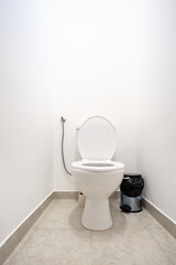 Vacant toilet seat in a small bathroom. Low angle shot, no people