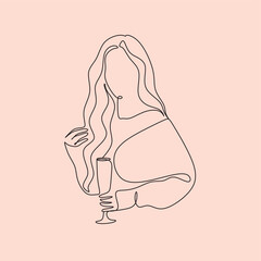 The girl drinks wine or champagne from a glass. Linear silhouette of a woman with a glass. Drawing with one continuous line. Linear glamor logo in a minimalistic style for a wine label.