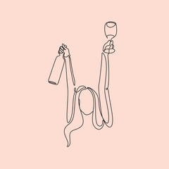 The girl drinks wine or champagne from a glass. Linear silhouette of a woman with a glass. Drawing with one continuous line. Linear glamor logo in a minimalistic style for a wine label.
