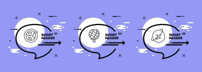Flight set icon. Equator, airplane, airport, transportation, planet, globe, sphere, destination, gear, travel, orbit, pointer. Flip concept. Infographic timeline with icons and 3 steps. Vector icon