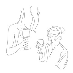 Woman with wine glass line draw. Drawing with one continuous line. Linear glamor logo in a minimalistic style for a wine label.