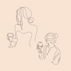 Woman with wine glass line draw. Drawing with one continuous line. Linear glamor logo in a minimalistic style for a wine label.