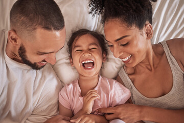 Children, family and bedroom with a girl, mother and father laughing, joking or tickling in bed from above. Kids, happy and love with a woman, man and daughter having fun together in their home - obrazy, fototapety, plakaty