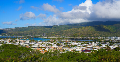 Hawaii Kai suburb of Honolulu on O'ahu island - Upscale houses with colorful roofs next to a lagoon in the Pacific Ocean