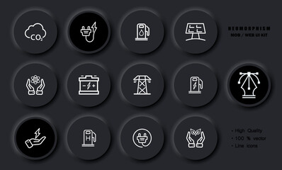 Green energy set icon. Gas station, socket, solar battery, atom, battery, electric station, whirlpool, greenery, plant. Electricity concept. Neomorphism style. Vector line icon for Business