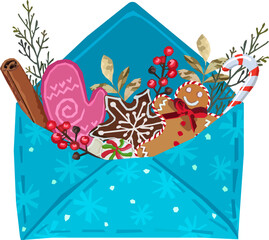 Obraz premium Holiday blue envelope with festive winter Christmas attributes