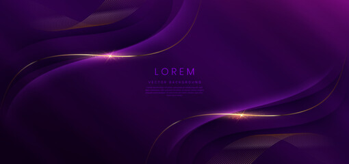 Luxury curve golden lines on dark purple  background with lighting effect copy space for text. Luxury design style.