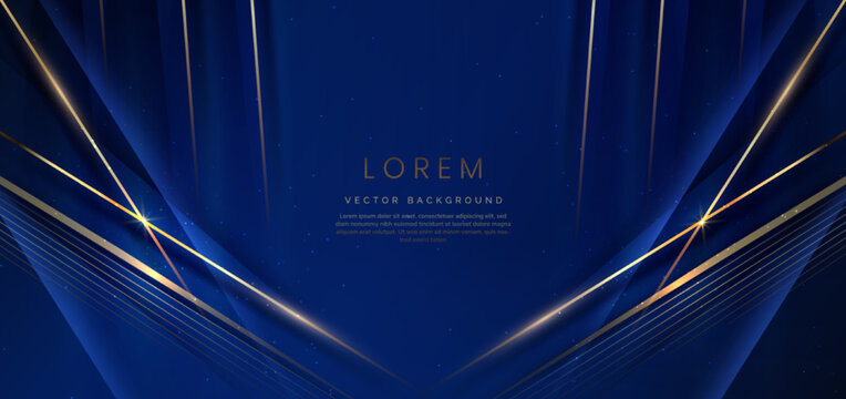 Abstract elegant dark blue background with golden line and lighting effect sparkle. Luxury template design.