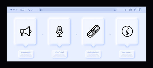 Buttons for website set icon. Loudspeaker, share, microphone, talk, paperclip, attach file, upload, I button, information. Neomorphism website interface. Vector line icon for Business