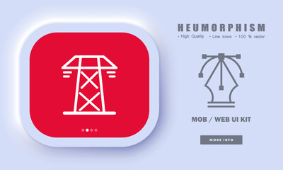 Electric tower line icon. Gas station, socket, solar battery, atom, battery, electric station, whirlpool, greenery, plant. Electricity concept. Neomorphism style. Vector line icon for Business