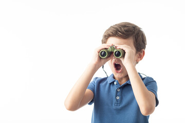 Child with binoculars on white background.