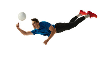 Fototapeta na wymiar Studio shot of young man, volleyball player playing volleyball isolated on white studio background. Sport, gym, team sport, challenges