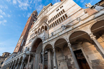 
Cremona, Piazza Duomo, view of the cathedral and Torrazzo, the bell tower of the city.
