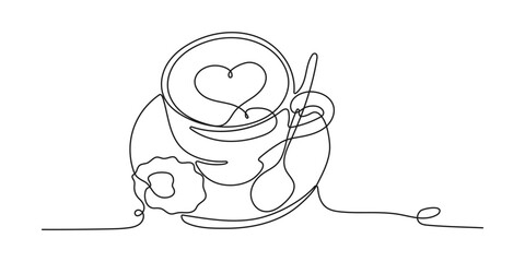 Single Continuous Line drawing of a cup of Coffee drink with spoon and biscuits. Coffee drink concept display for Coffee shop. One Line draw design illustration. Vector.