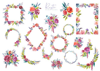 Watercolor rustic flower frame,wreath,border, banner illustration set. Botanical, greenery floral arrangement,bouquet, boho wedding invitation,stationery greeting card design, baby shower,it's a girl