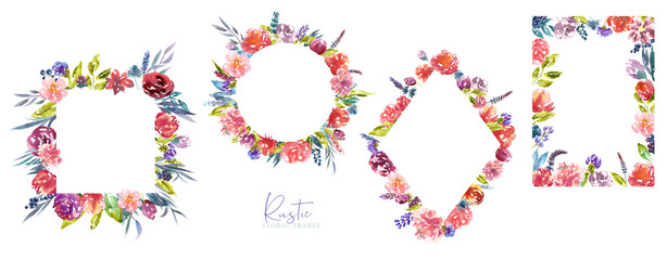 Watercolor rustic flower frame,wreath,border, banner illustration set. Botanical, greenery floral arrangement,bouquet, boho wedding invitation,stationery greeting card design, baby shower,it's a girl