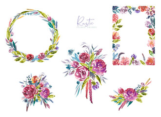 Watercolor rustic flower frame,wreath,border, banner illustration set. Botanical, greenery floral arrangement,bouquet, boho wedding invitation,stationery greeting card design, baby shower,it's a girl