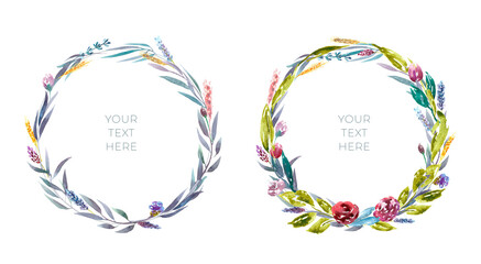 Watercolor rustic flower frame,place for text,your text here, save the date,rsvp, wedding stationery, invitation design card. Botanical, greenery floral wreath,border, banner illustration set,boho diy