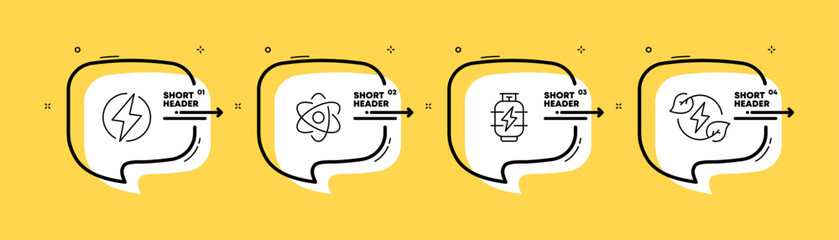 Green energy set icon. Gas station, socket, solar battery, battery, electric station, atom, battery, greenery, plant. Electricity concept. Infographic timeline with icons and 4 steps.