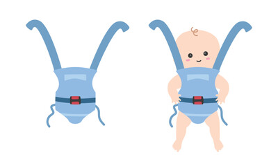 Blue baby sling clipart. Simple cute little baby in sling flat vector illustration. Babywearing, baby in wrap carrier cartoon style. Kids, baby shower, newborn and nursery decoration concept