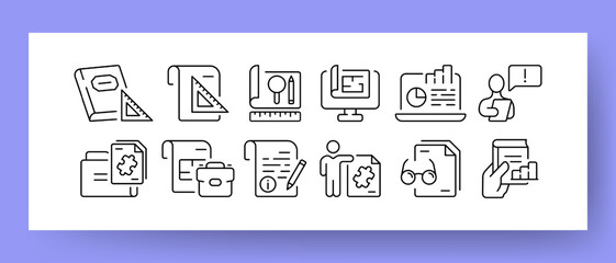 Education set icon. Textbook, triangle, geometry, drawing, infographics, puzzle, study, student, puzzle, glass, information. Vector line icon for Business and Advertising