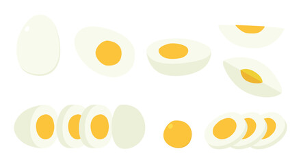 Vector set of sliced hard boiled egg clipart. Simple whole, half, a quarter, cut sliced boiled egg flat vector illustration isolated. White boiled chicken egg with yellow yolk cartoon hand drawn style