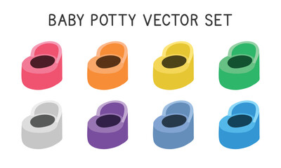 Set of multicolor baby potty clipart. Simple cute colorful plastic potty for children flat vector illustration. Plastic toilet pot for kids or children cartoon style icon. Children hygiene concept