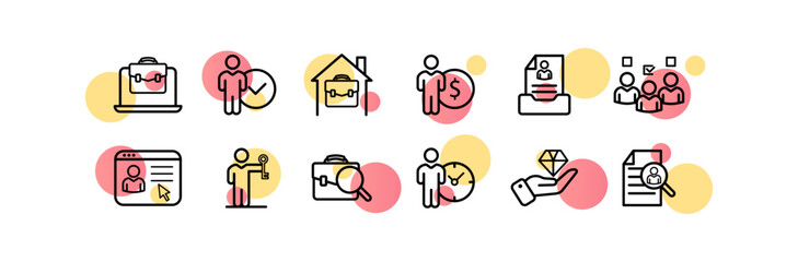 Job search set icon. Resume, portfolio, income, voting, candidate, job, profession, pay, income, file, backpack, key. Business concept. Vector line icon for Business and Advertising