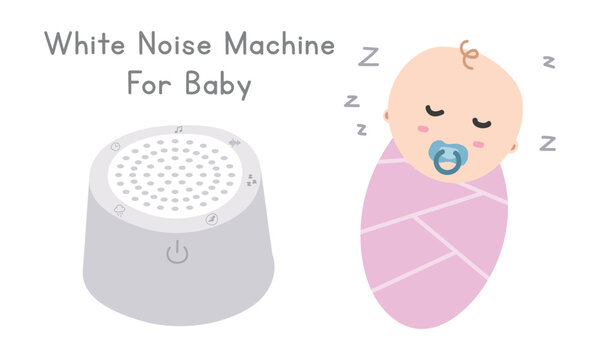 Baby White Noise Machine Clipart. White Noise Maker Machine And Sleeping Baby Flat Vector Illustration. Baby Sleep White Noise Lullabies For Newborn Cartoon Style. Baby Shower, Newborn Nursery Concept