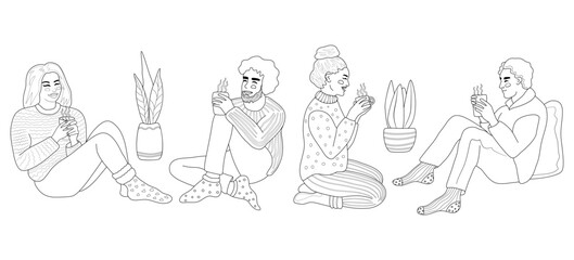 Fototapeta na wymiar Outline characters. Men and women holding cups with hot coffee or tea, sitting and smiling. A concept of cozy romantic evenings. Autumn or winter everyday fashion.