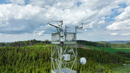 Station research science meteorology tower atmospheric drone aerial weather, measuring ozone O3, carbon methane CH4, carbon dioxide CO2, nitrogen oxygen 02, mountain spruce Rajec, bark beetle - obrazy, fototapety, plakaty